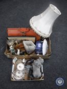 Two boxes of vintage leather case, table lamp, glass vase, animal ornaments, paperweight,
