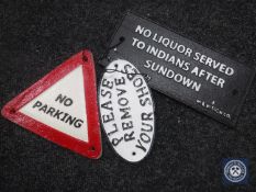 Three various cast metal plaques - no parking etc