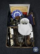 Two boxes of continental light fitting, china table lamp, Carlsberg bottle top advertisement,