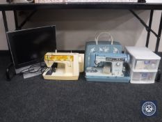 A Jones electric sewing machine and a Singer sewing machine (no foot pedals),