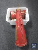 A mid 20th century L & G fire extinguisher and a box of vintage fire extinguishers and a fire bell