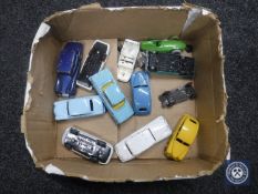 A box of eleven mid 20th century Dinky die cast vehicles - Rolls Royce Silver Race, Mercedes Benz,
