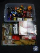 Two boxes containing assorted plastic vehicles and toys, DVD's, teddy bear, top trumps,