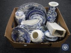 A box containing blue and white china including a Japanese dragon patterned vase, Delft plate,