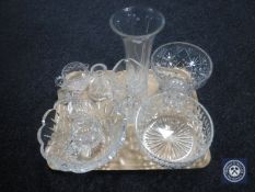 A tray of assorted glass ware - lead crystal candle holders, fruit bowls,