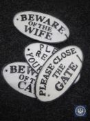 Four oval cast metal plaques - beware of the cat etc
