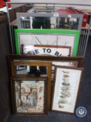 A contemporary metal framed mirror together with a London Underground framed map,