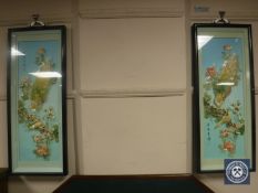 A pair of Oriental coloured shell work panels depicting birds,