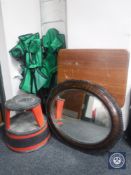 Two folding tables, two folding garden chairs,