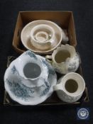 Two boxes containing a five-piece Victorian wash set together with a further two wash jugs and a