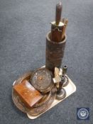 A tray of assorted wooden pieces including carved hardwood stick pot, two carved oak bowls,