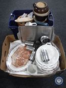 A tray containing stainless steel tray, water jug and goblets, glass trinket set,