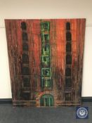 Donald James White : Quayside warehouse, oil on woven cloth, 137 cm x 169 cm.