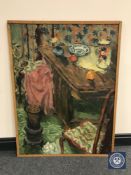 Donald James White : West End Interior, oil on board, 74 cm x 100 cm, framed.