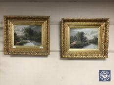 Early 20th century British School, figures fishing by a stream, oil on canvas, indistinctly signed,