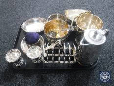 A tray of 20th century plated ware : ice bucket, toast rack, wine coolers,