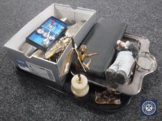 A tray of assorted plated flat ware, six plated Art Deco teaspoons, cased drawing instruments,