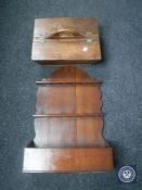 A 19th century oak two-division cutlery box and an oak wall rack