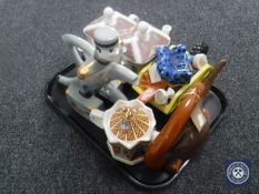 A tray of six teapots including a novelty Influential Artists Loch Ness Monster,