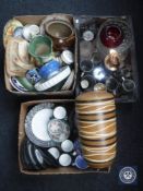 Four boxes of miscellaneous china, glass ware, claret jugs, Victorian cheese dish with cover,