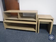 A nest of two contemporary pine effect table together with matching coffee table and entertainment
