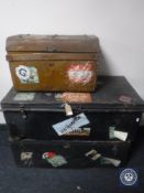 Three early 20th century tin trunks with shipping labels