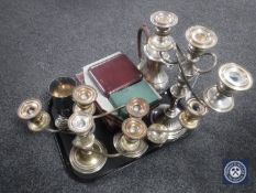 A tray of silver plated candelabra, Ronson table lighter, tankard, coffee pot,