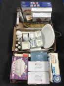 Three boxes containing boxed and unboxed serving platters, hors d'oeuvres sets, tureens,