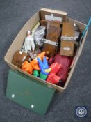 A box containing miscellany including wooden tie press, Masons ironstone place mats,