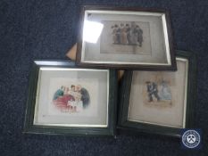 Three hand finished prints in watercolour depicting figures by 'Cynicus', all parts framed.