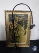 An antiquarian gilt framed chroma-lithographic print together with an angle poise floor lamp