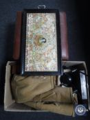 A leather topped footstool on chrome supports and a box of two continental angle poise lamps,