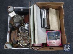 Two boxes containing frameless bevelled edge mirror, boxed cutlery, plated wares, wooden ornaments,