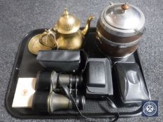 A tray of assorted cameras, field glasses,