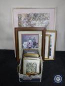 A quantity of assorted framed prints including colour steel engravings, Paul Hogarth print,