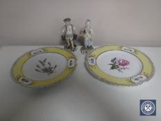 A pair of continental porcelain figures, with blue crossed-swords mark to base,