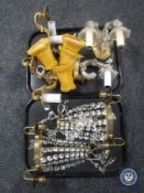 Two trays containing brass and cut glass wall lights