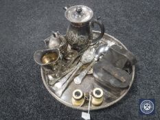A pair of opera glasses together with silver plated items, berry spoon,