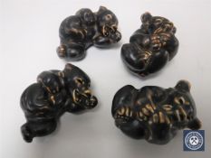 Four Royal Copenhagen bear cubs in mottled brown glaze