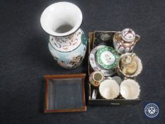 A large oriental style vase together with a box containing decorative china, Royal Winton vase,