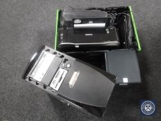 A crate containing Canon printer, Sky box, PC tower,