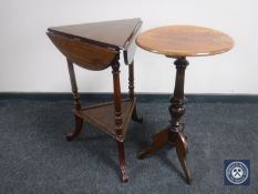 An antique mahogany flap sided occasional table together with a mahogany pedestal wine table