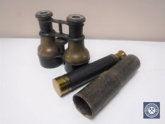 A pair of French field binoculars together with a brass three-drawer miniature pocket telescope