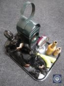 A railway lantern together with a contemporary clock,