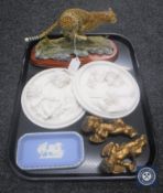 A Border Fine Arts figure of a cheetah, pair of relief plaques,