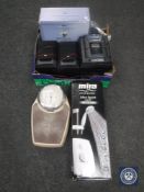 A box of Mira power shower, corner shelf stand, bathroom scales, JVC hifi etc.