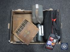 A box of engravers numbers and tools, letters, Hilga and Watts surveyors scope, car protection kit.