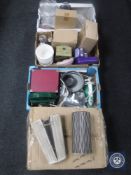 Four boxes of kitchen ware, electricals, tins etc.