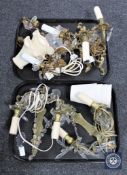 Two trays containing brass and cut crystal drop wall lights