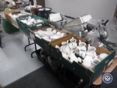 Five boxes containing hotel china, dinner, tea and coffee ware.